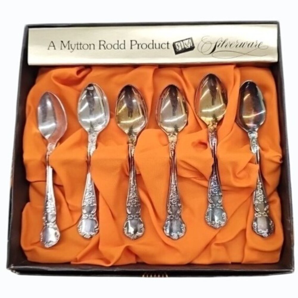 RARE 6 Vtg Mytton Rodd Silver Plated Coffee Spoons "Camille" in Original Box
